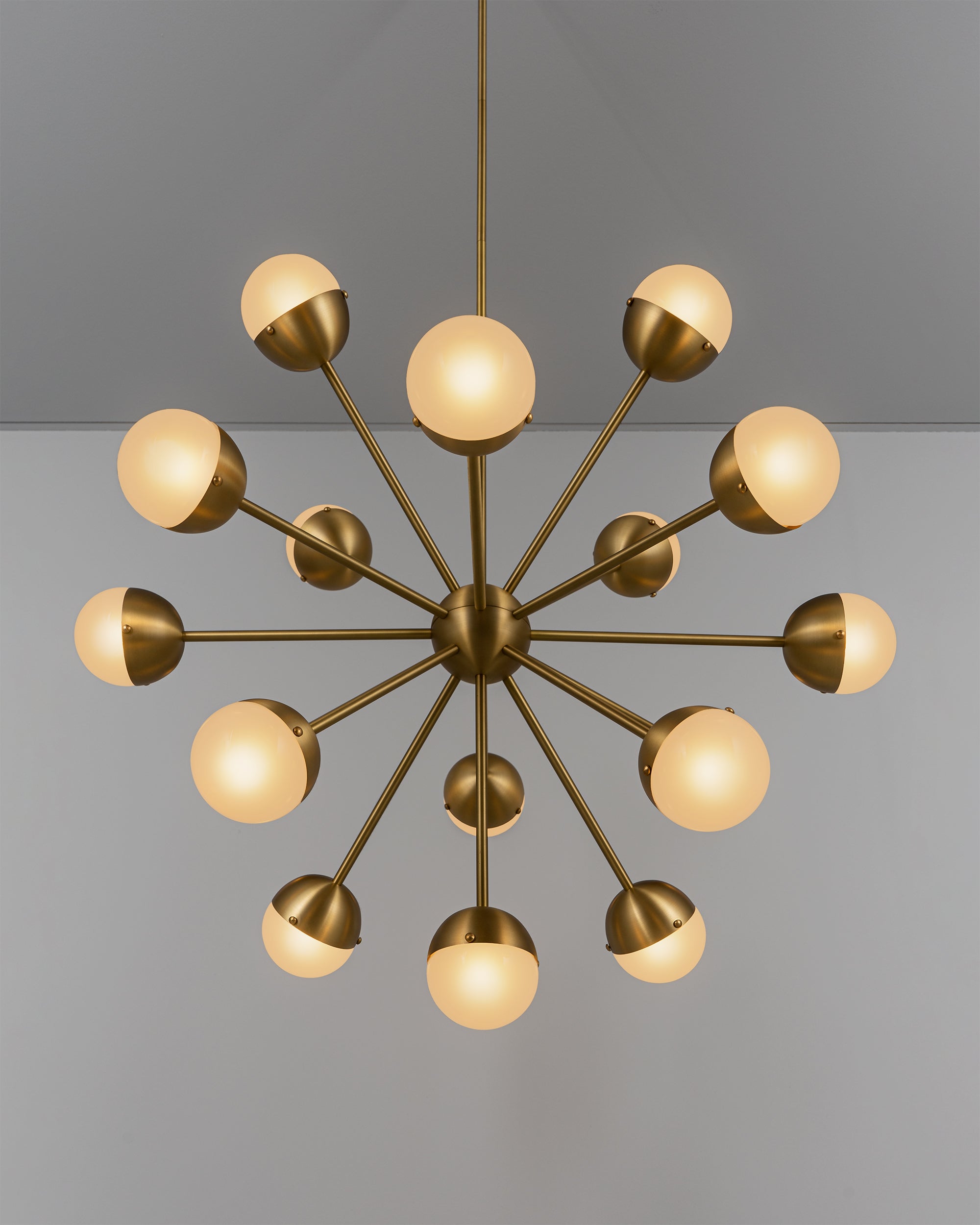 Schwung Molecule Spark Round 17 Burnished Brass Frosted Hemisphere Chandelier